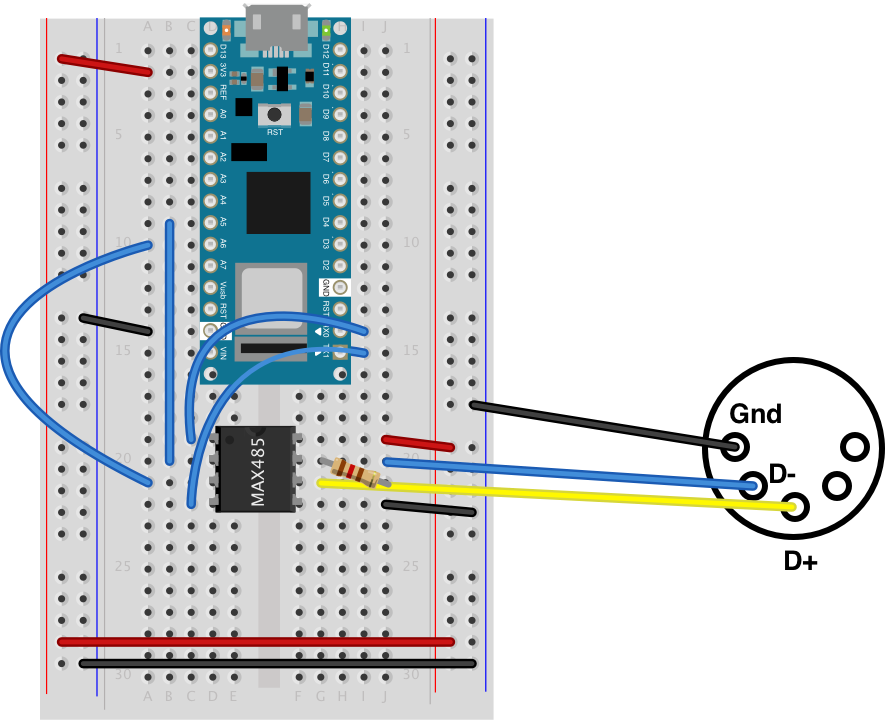 Figure 1. Arduino Nano 33 IoT connected to a MAX485 chip.