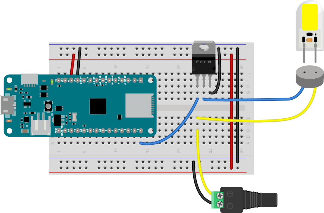 Figure 3. FQP30N06L MOSFET controlling an LED lamp from an Arduino MKRZero