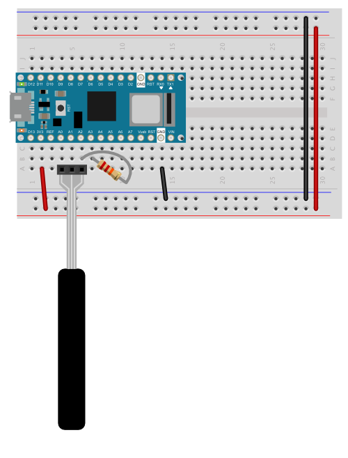 Breadboard view  of an FSP connected to an Arduino Nano 33 IoT