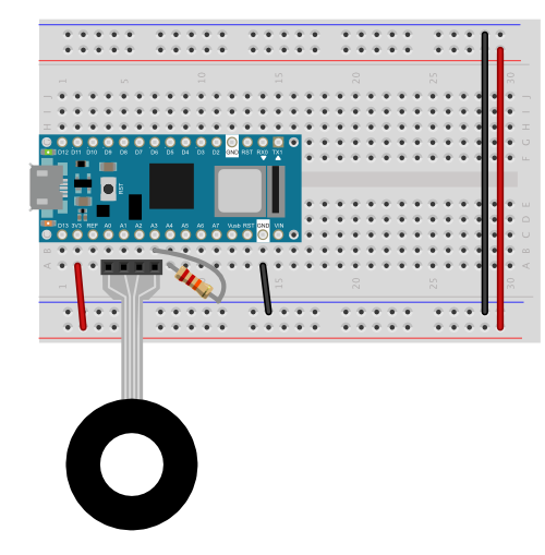 Breadboard view  of an FSP connected to an Arduino Nano 33 IoT