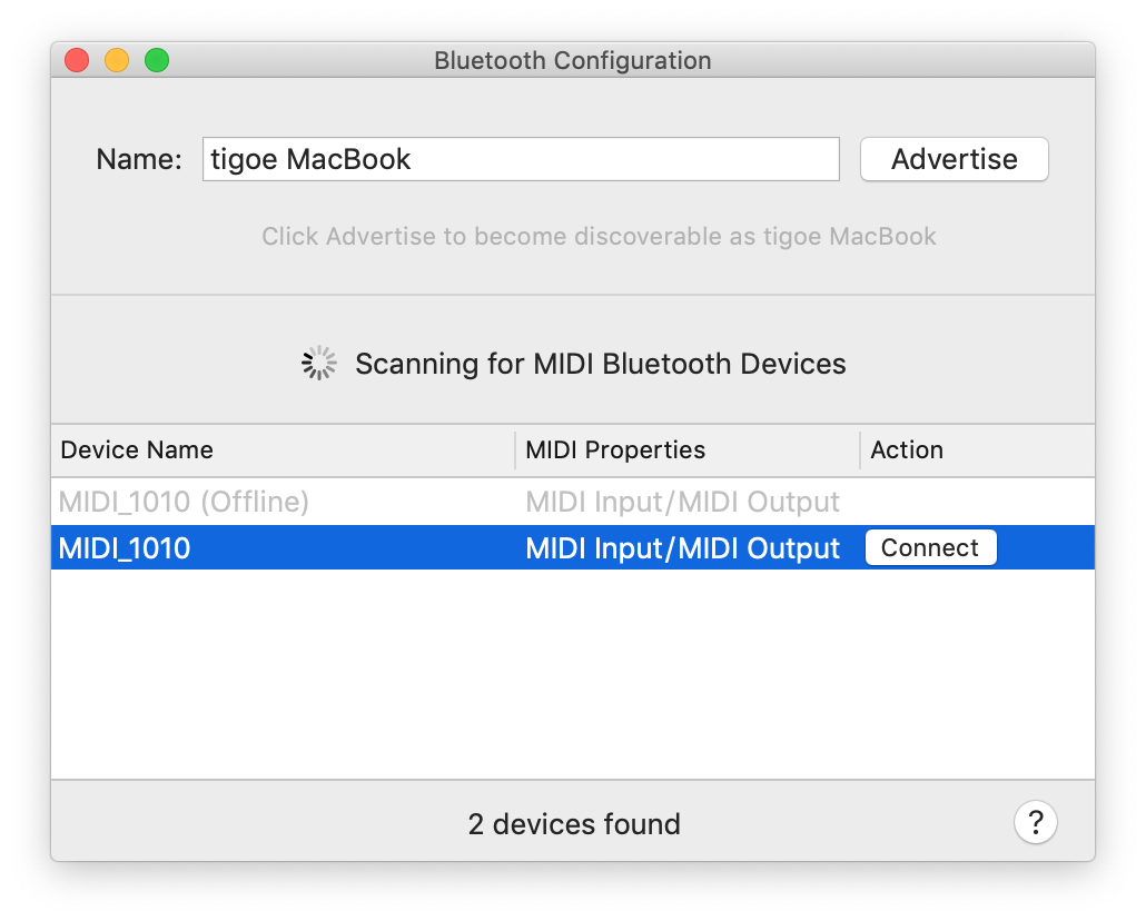 Figure 2. MacOS Audio MIDI Bluetooth Configuration panel