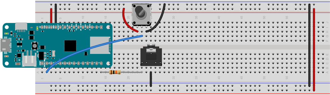 Figure 2. headphone jack attached to pin 5 and potentiometer attached to pin A0 of a MKR Zero