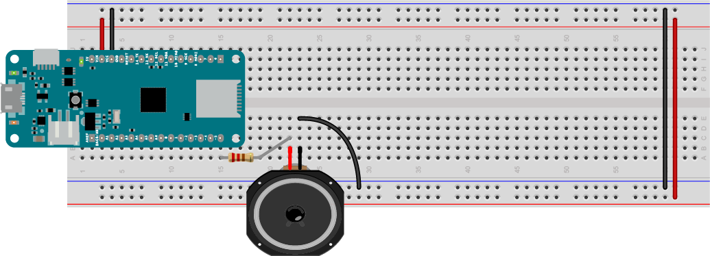 Figure 1. Speaker attached to pin 5 of a MKR Zero. All the components are mounted on a solderless breadboard.