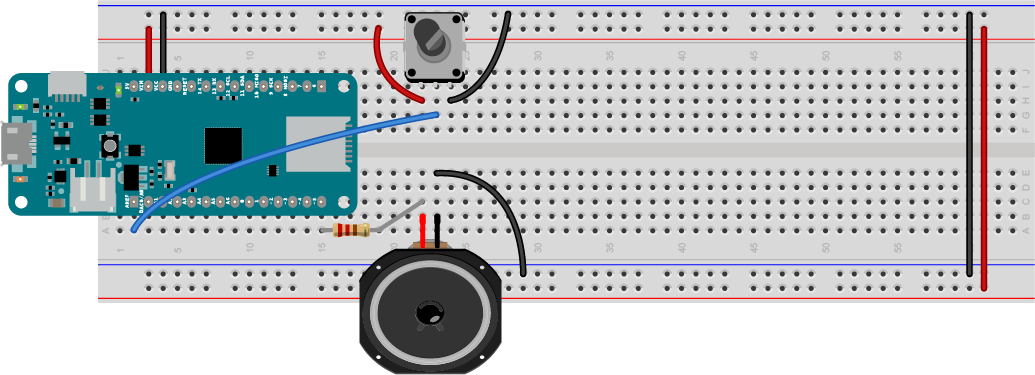 Figure 4. speaker attached to pin 5 and potentiometer attached to pin A0 of a MKR Zero