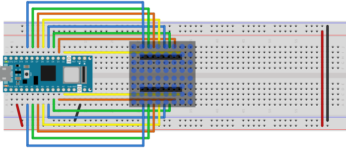 Breadboard view of an 8x8 LED matrix connected to an Arduino Nano 33 IoT