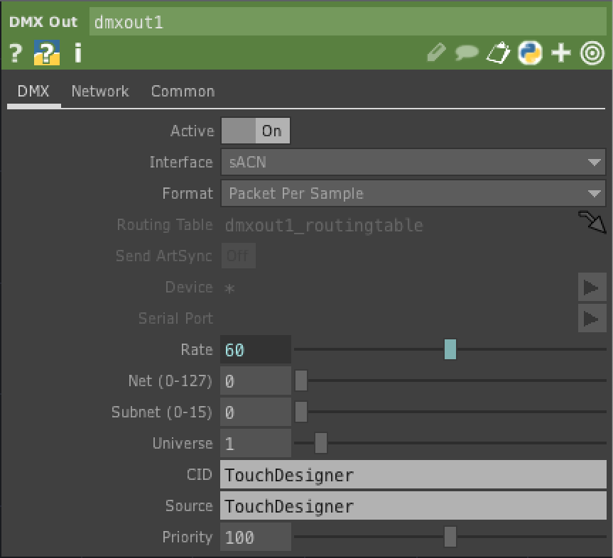 Figure 3. DMX tab of a TouchDesigner DMX Out CHOP configured for sACN control.