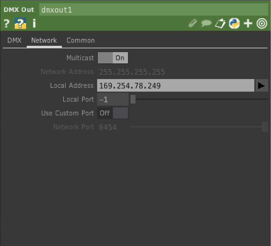 Figure 5. Network tab of a TouchDesigner DMX Out CHOP configured for sACN control.