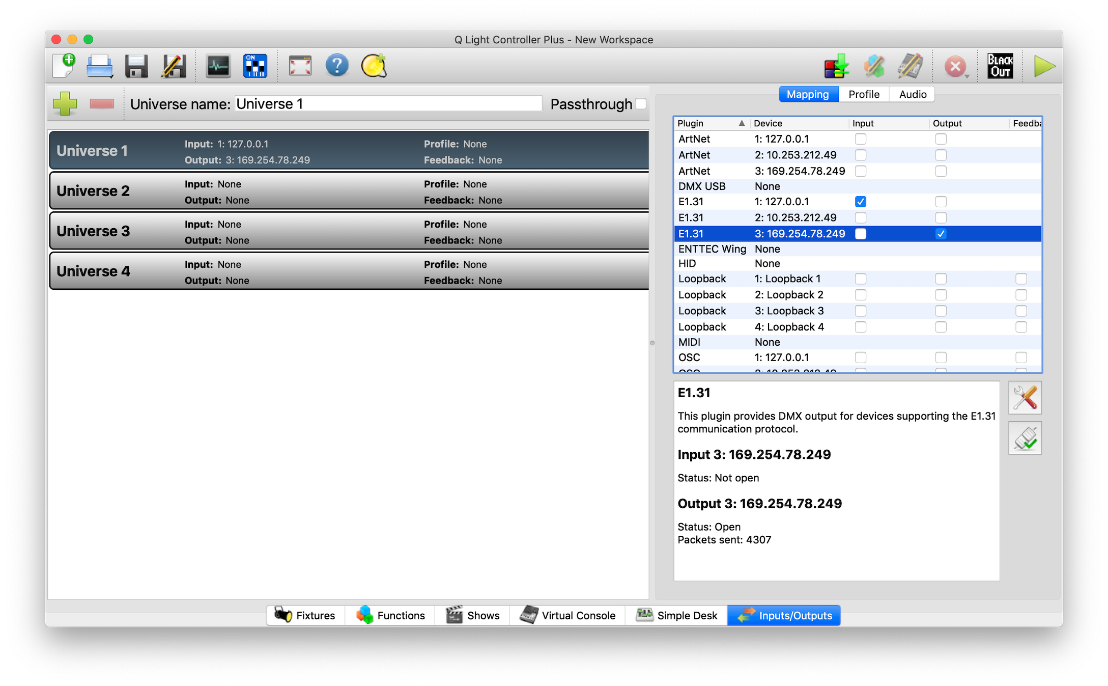 Figure 6. Inputs/Outputs tab of QLC+ showing the eDMX1 Pro on the 169.254.x.x. interface as the output.