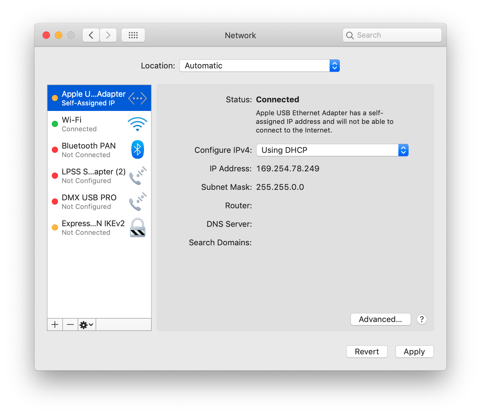 Figure 2. MacOS Network control panel showing a USB-to-Ethernet adapter, to which the LeDMX Pro4 is attached.