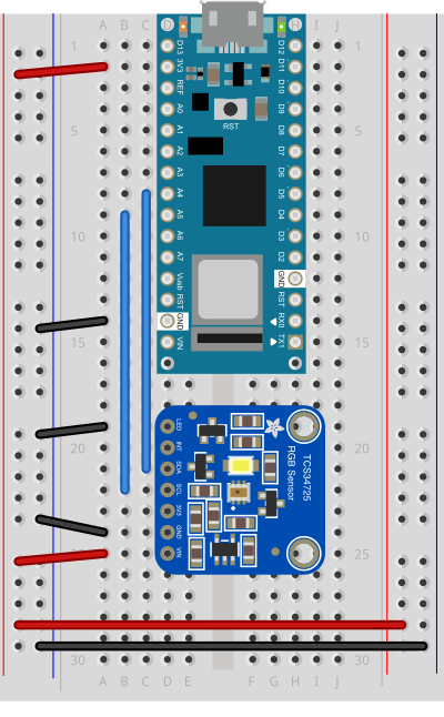 Breadboard view of the Nano 33 IoT and TCS34725 sensor, as described below.
