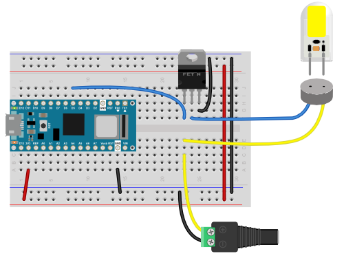 Figure 4. FQP30N06L MOSFET controlling an LED lamp from an Arduino Nano