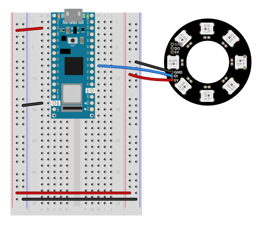 Nano 33 IoT attached to a breadboard along with a addressable LED ring