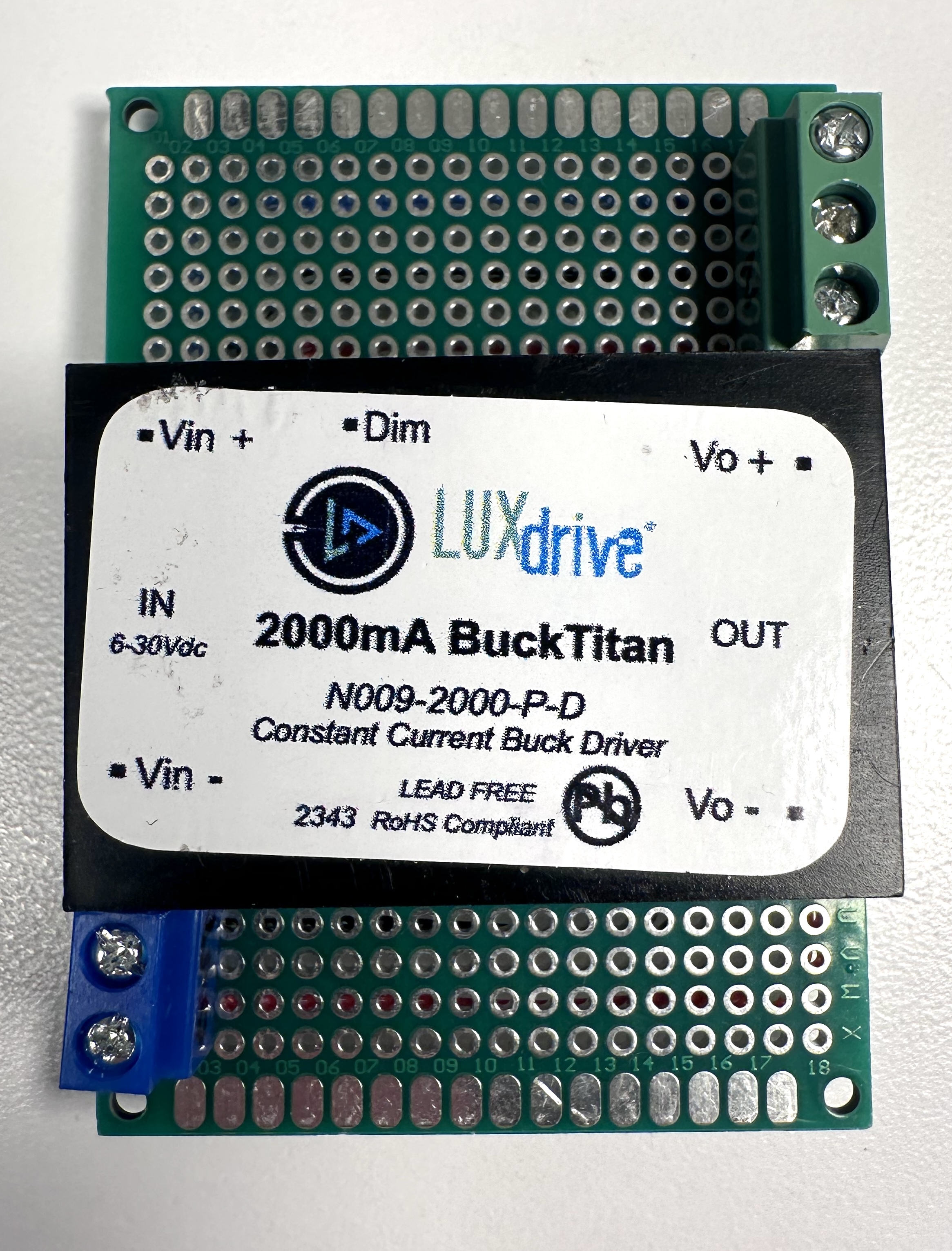 Photo of a BuckTitan  LED Driver mounted to a PCB board