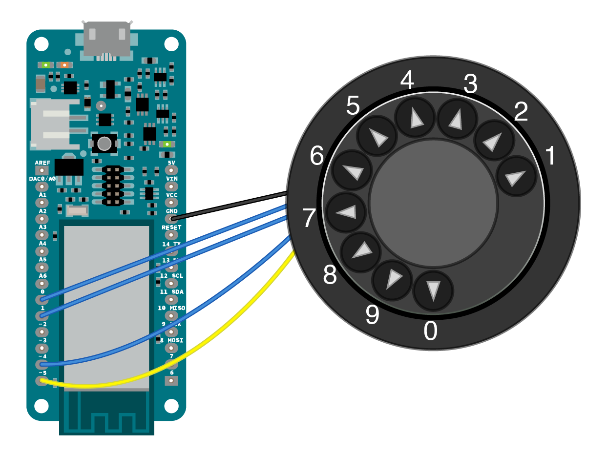 Figure 6. Breadboard view of the MKR1000 wired to the rotary phone dialer