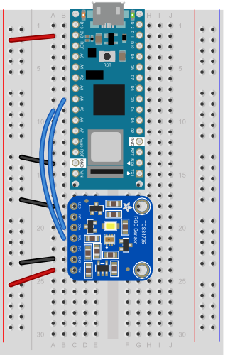 Figure 4. Nano 33 IoT and light sensor mounted on a breadboard. The Nano 33 IoT straddles the center of the breadboard. Its second physical pin, Vout (second from top left) is connected to the voltage bus on the left side of the breadboard. Its fourteenth physical pin, Ground, (second from bottom left) is connected to the ground bus on the left side. Table 1 lists the pin connections between the two components.