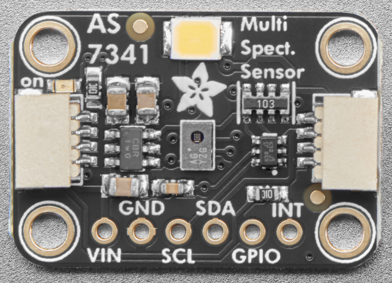 Photo of the Adafruit AMS AS7341 sensor breakout board