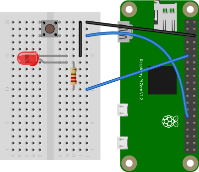 Figure 2. pushbutton, LED, and resistor connected to Raspberry Pi's GPIO pins