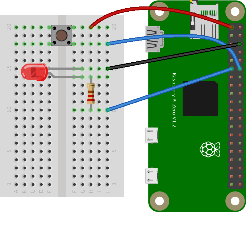 Figure 1. pushbutton, LED, and resistor connected to Raspberry Pi's GPIO pins