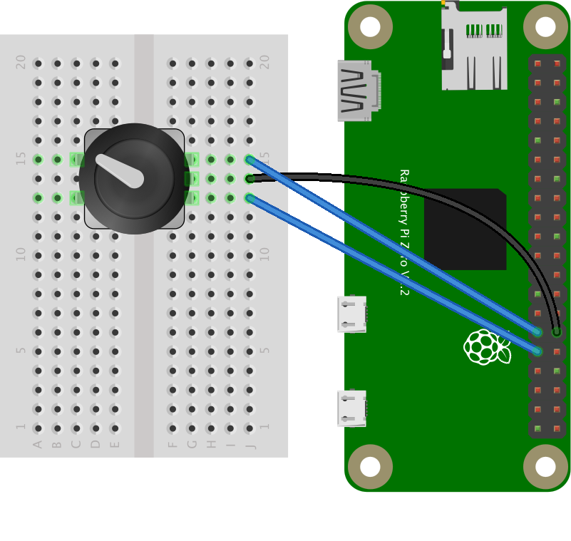 Figure 1. Rotary encoder connected to Raspberry Pi's GPIO pins