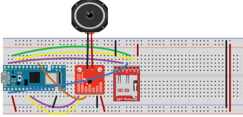 Figure 2. MAX98357 I2S audio amplifier connected to a Nano 33 IoT.