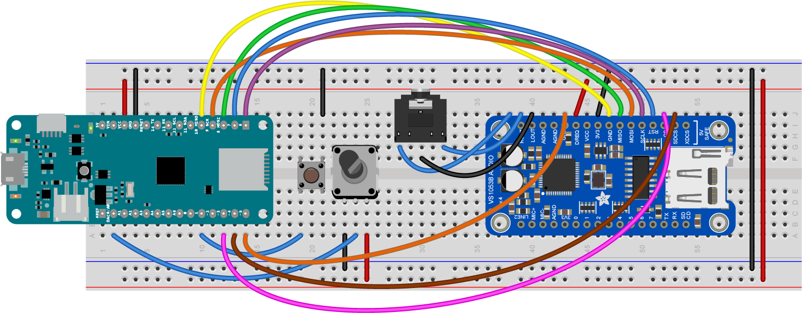 Figure 1. MKR board connected to an Adafruit VS1053 module as an MP3 player.
