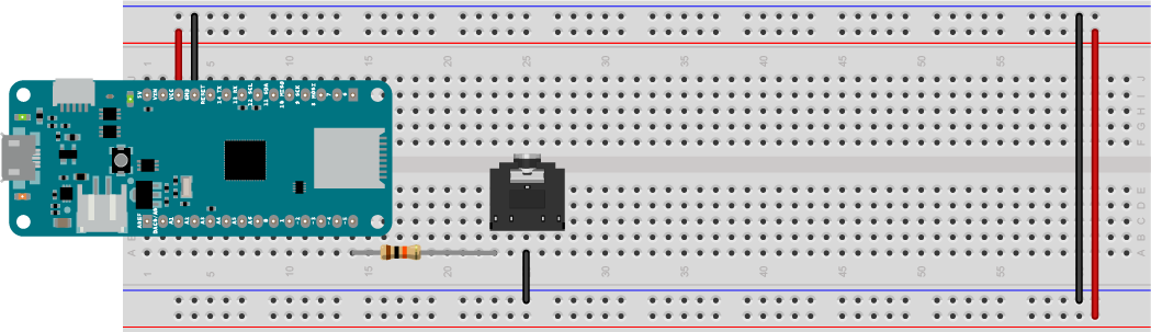 Figure 2. headphone jack attached to pin 5 of a MKR Zero. All the components are mounted on a solderless breadboard.