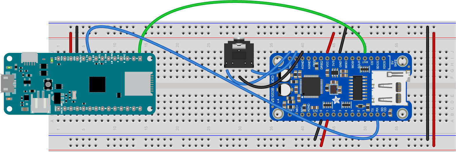 Figure 1. MKR board connected to an Adafruit VS1053 module.