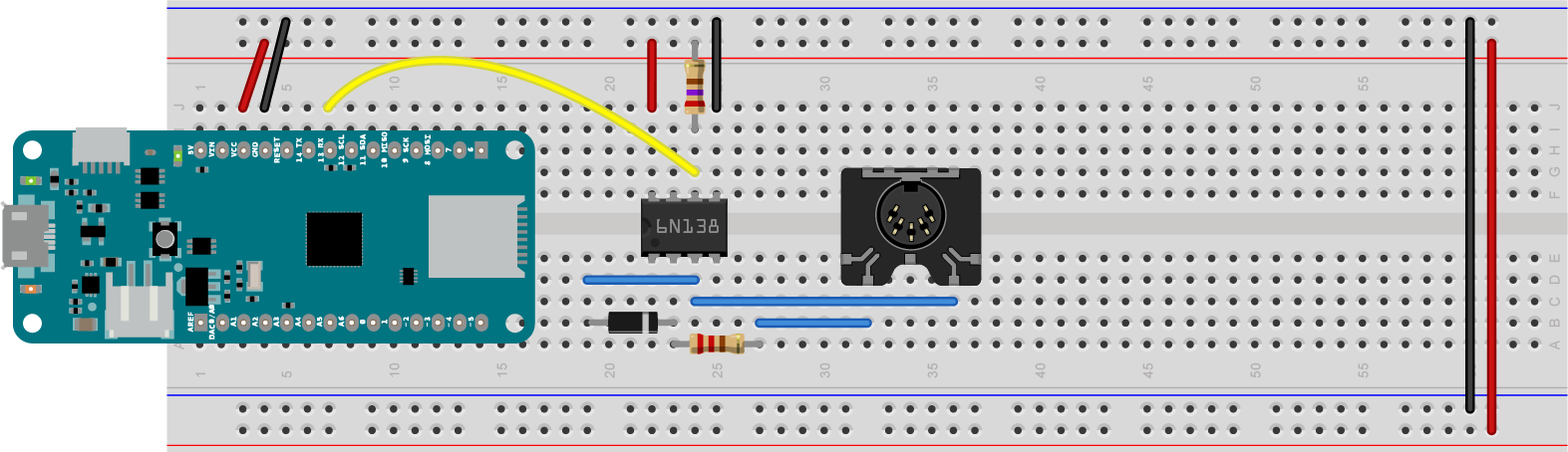 Figure 2. MIDI serial input connection to a 5-pin MIDI connector through an optoisolator.