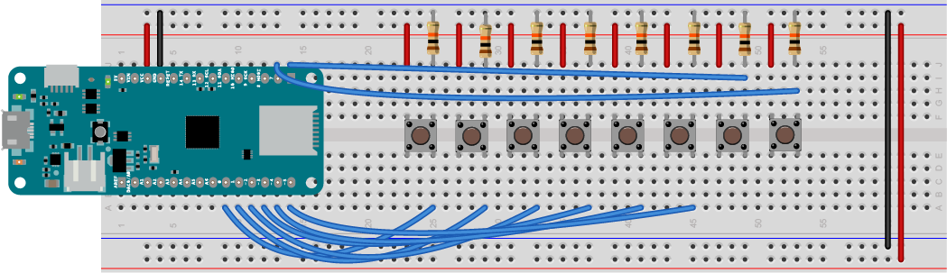 Figure 2. Eight pushbuttons attached to pins 0-7 of a MKR Zero
