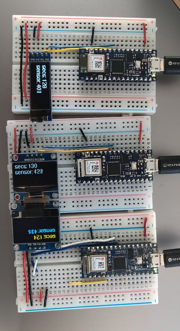 Photo of three SSD1306 OLED displays displaying text