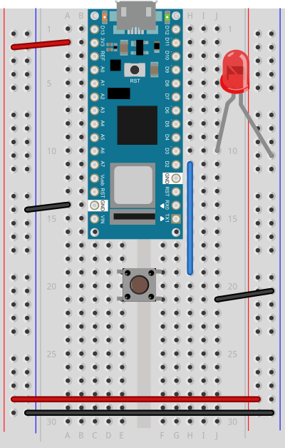 Breadboard view of an Arduino Nano 33 IoT connected to an LED and a pushbutton